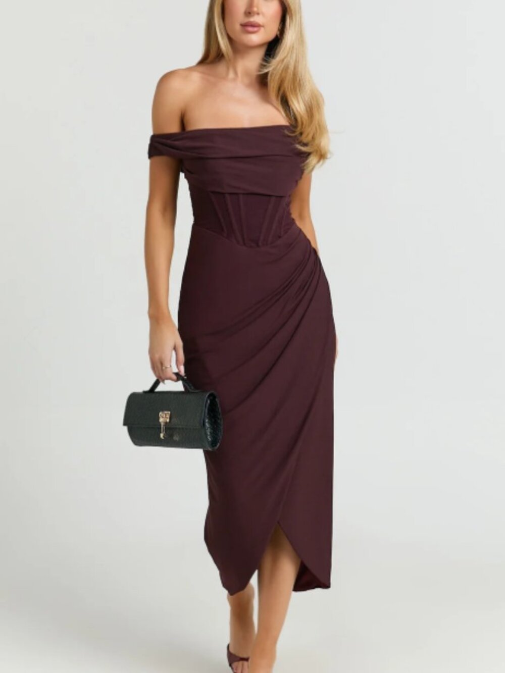 Showpo Off-Shoulder Midi Dress in Deep Burgundy